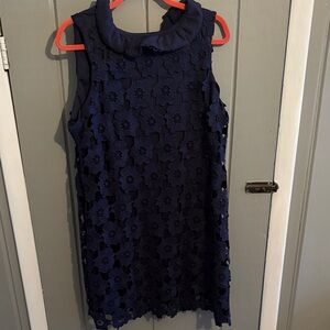Navy Blue Floral overlay  Dress with high neck and big sash bow ties in back